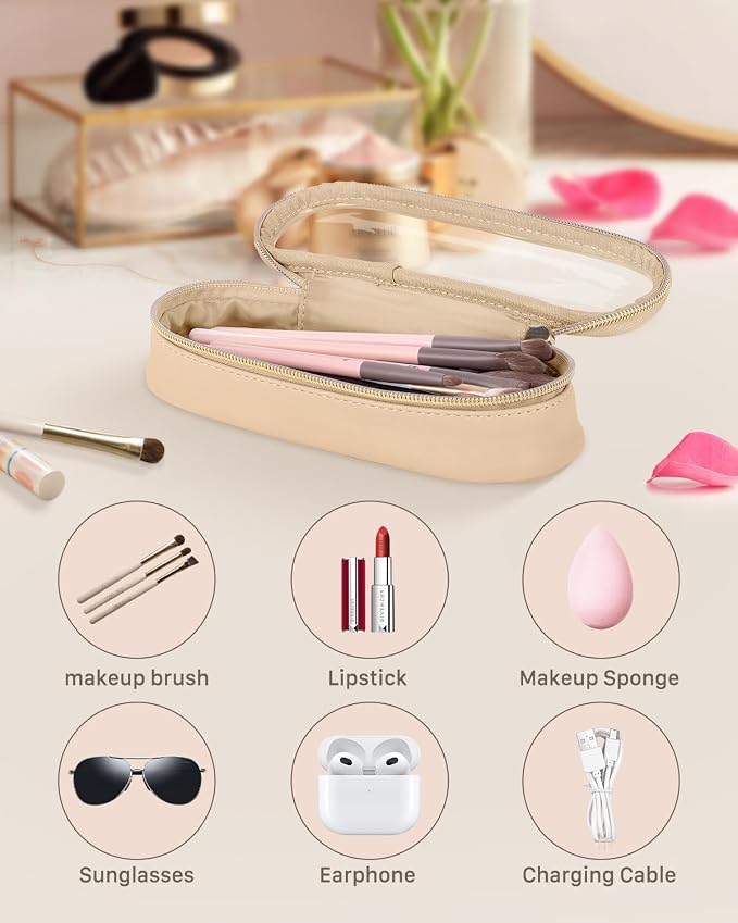 Soimeat Clear Travel Makeup Brush Holder, Leather Makeup Brush Toiletry Bag, Portable Cosmetic Brush Case, Transparent Waterproof Makeup Brush Storage Bag, Khaki - Image 2