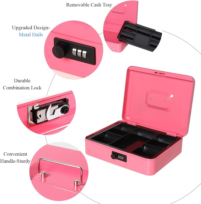 Jssmst Large Cash Box with Combination Lock - Durable Metal Cash Box with Money Tray, Pink, 11.81 x 9.84 x 3.46 inches, CB0705XLN - Image 5