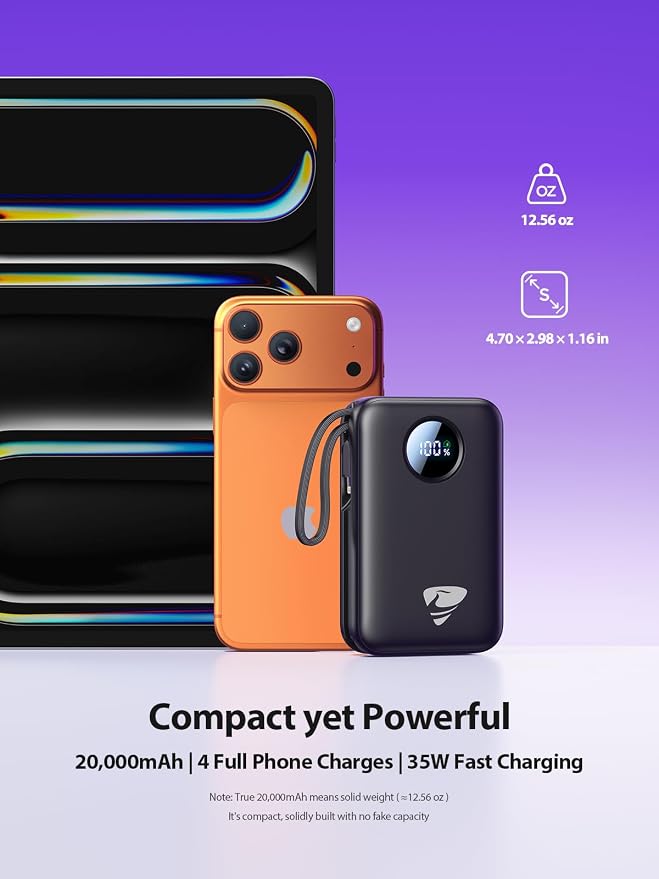 Aioneus Portable Charger, 35W PD Fast Charging Power Bank 20000mAh, Battery Pack with Built in Lightning & USB-C Cables, Powerbank for iPhone 17 16 15 14 iPad Samsung Android Tablet MacBook - Image 4
