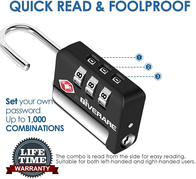 2 Pack TSA Approved Travel Luggage Locks, Suitcase Metal Combination Lock, Alloy Keyless 3-Digit Zipper Padlocks, TSA Accepted Compatible Padlock for Gym Locker, Golf Bag Case, Backpack-Black - Image 4