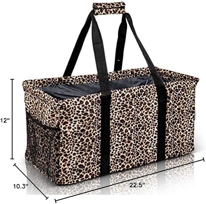 Extra Large Utility Tote Bag - Oversized Collapsible Reusable Wire Frame Rectangular Canvas Basket With Two Exterior Pockets For Beach, Pool, Laundry, Car Trunk, Storage - Leopard - Image 10