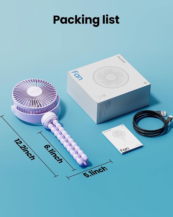 Gaiatop Mini Electric Fan with 360 Rotation, 5.5mm Gaps, Rechargeable Battery, 3 Speeds, Purple | 360° Rotate Flexible Tripod, Battery Operated Detachable, Cooling for Car Seat Crib Treadmill Travel Purple - Image 7