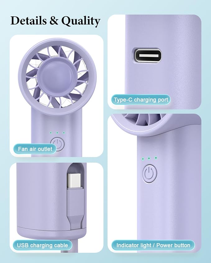 Portable Fan with Power Bank & Flashlight-Purple | 6.5H Max Cooling,USB-C Rechargeable,Mini Fan for Outdoor/Travel/Beach/Concerts/Summer.Gifts for Girl,Women. - Image 7