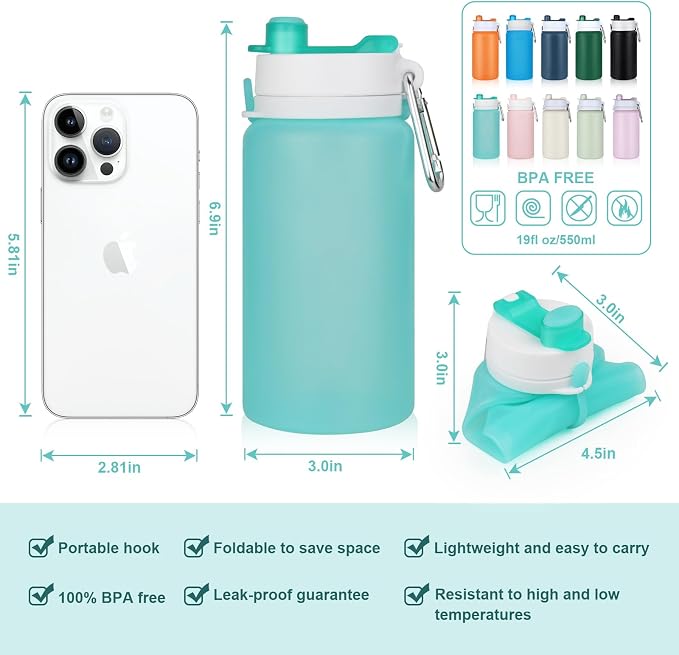 PLTCAT Collapsible Water Bottle, 19oz Foldable Bottle BPA Free Reusable Lightweight Leak-Proof Travel Silicone Water Bottle for Travel, Gym, Hiking, Office, Camping - Image 2