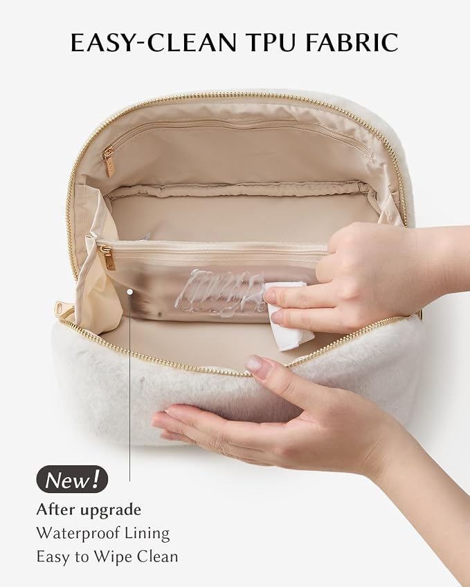 EACHY Travel Makeup Bag for Women, Faux Fur Cosmetic Bag, Beige, Medium | Faux fur bag with flat-open access, inner storage and clear TPU brush pocket for makeup, toiletries and travel essentials - Image 4