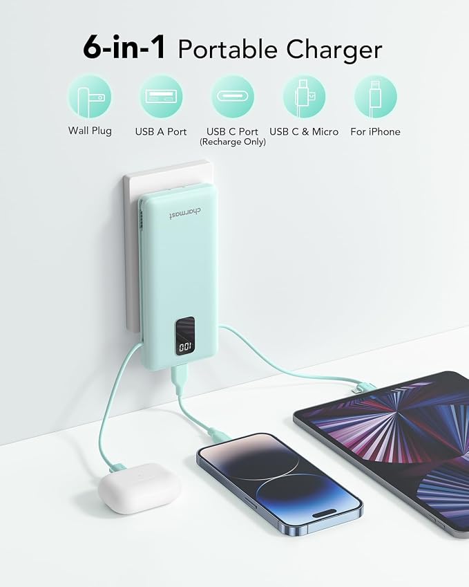 charmast Portable Charger Power Bank 10000mAh with Built-in AC Wall Plug | Built-in Cables,5 Outputs,Flight-Safe,Slim Travel Phone Charger for iPhone 17 14,Samsung Galaxy,iPad,Android,Smartwatch,etc - Image 2