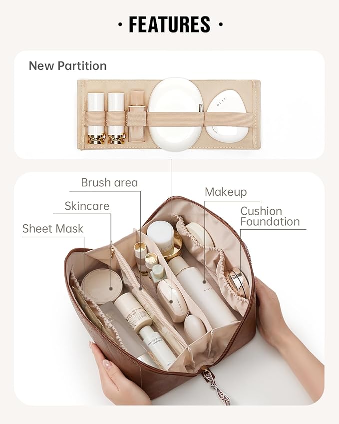 EACHY Travel Makeup Bag for Women, PU Leather Cosmetic Bag, Brown, Large | Water-resistant PU leather exterior with flat-open access, clear TPU brush compartment and organized storage for cosmetics - Image 2