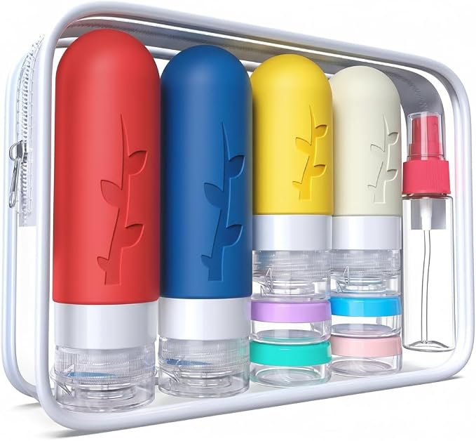 DEPOZA Travel Bottles Kit (16 Pack) - TSA Approved, Leak Proof Silicone Squeezable Containers for Toiletries. Complete Set with Jars, Sprayers & Bag (Fluorescent) by TravelingisaspiritualpracticeDepozawillaccompanyyouonyourspiritualpath