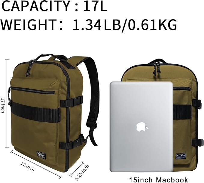 Travel Backpack 17L Lightweight Casual Small Carry-on Daypack 15-inch Laptop Notebook, Underseat Overnight Weekender, Khaki - Image 2
