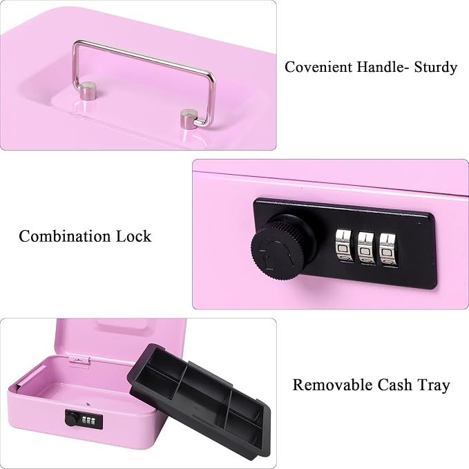 Jssmst Large Cash Box with Combination Lock - Durable Metal Cash Box with Money Tray, Light Purple (9.84 x 7.87 x 3.46) - Image 4