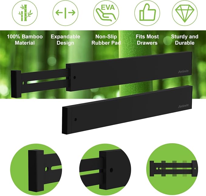10pack Bamboo Drawer Dividers, Expandable Drawer Separators Splitter, 17-22 inches Adjustable Spring-loaded Organizer for Large Utensil, Clothes, Tools Drawers(Black) - Image 2