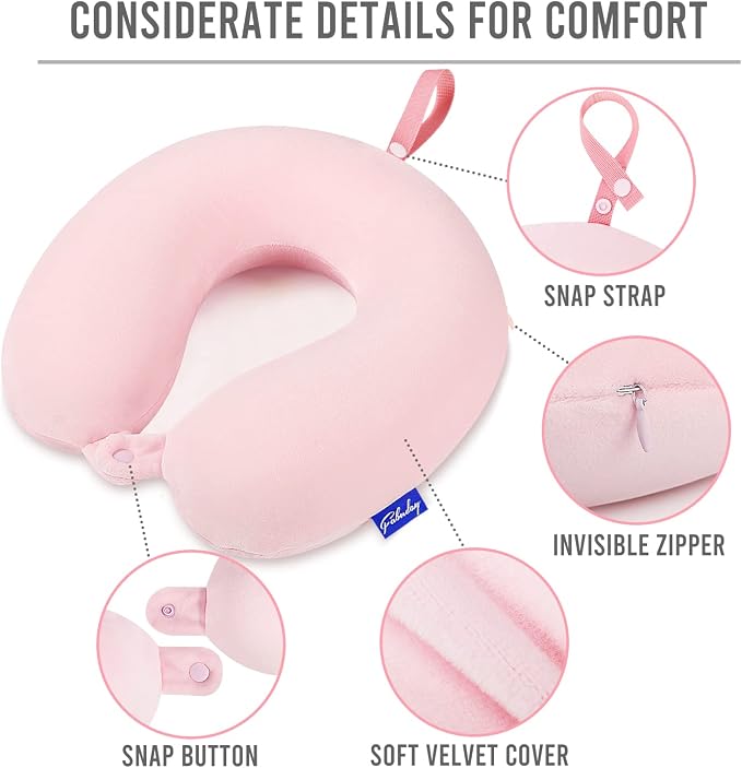 Memory Foam Neck Pillows for Travel - Airplane Pillows for Sleeping with Attachable Snap Strap Soft Washable Cover, Flight Pillow for Traveling, Car, Office, Provide Head Neck Support Pink - Image 6