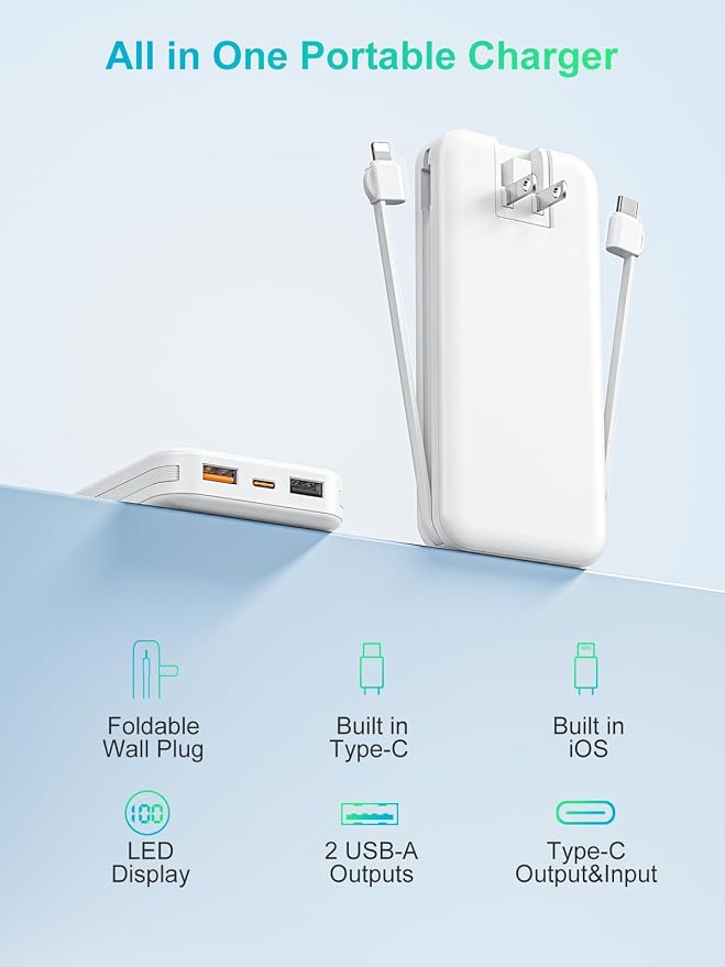 citicr Portable Charger 10000mAh PD20W w/Built-in Cables & Wall Plug White | Fast charging, Built-in wall plug, LED display, Charge 5 devices at once, Pass through charging, TSA approved, Pocket size - Image 9