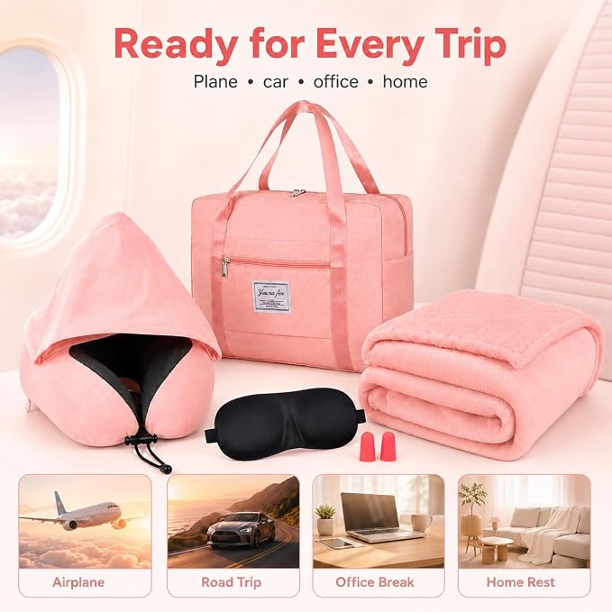Travel Blanket and Pillow Set - Hooded Neck Pillow Airplane Essentials Pink | Memory Foam, Sleep Mask, Earplugs, Foldable Duffel Bag Soft Comfort for Long Plane Flight Traveling Car Road Trip Flying - Image 7