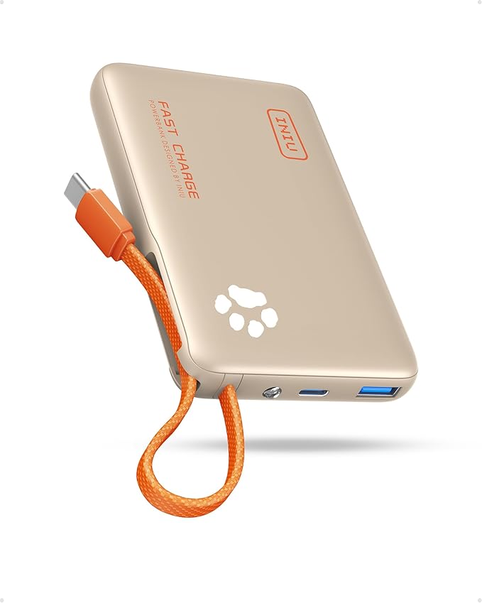 INIU 45W Fast Charging Tablet Portable Charger, Smaller 10000mAh Power Bank | Flight-Safe, Built-in USB C Cable, Flashlight, Battery Phone Pack for Tablet, iPad, iPhone 17 16, Samsung S26 etc, Beige by INIU