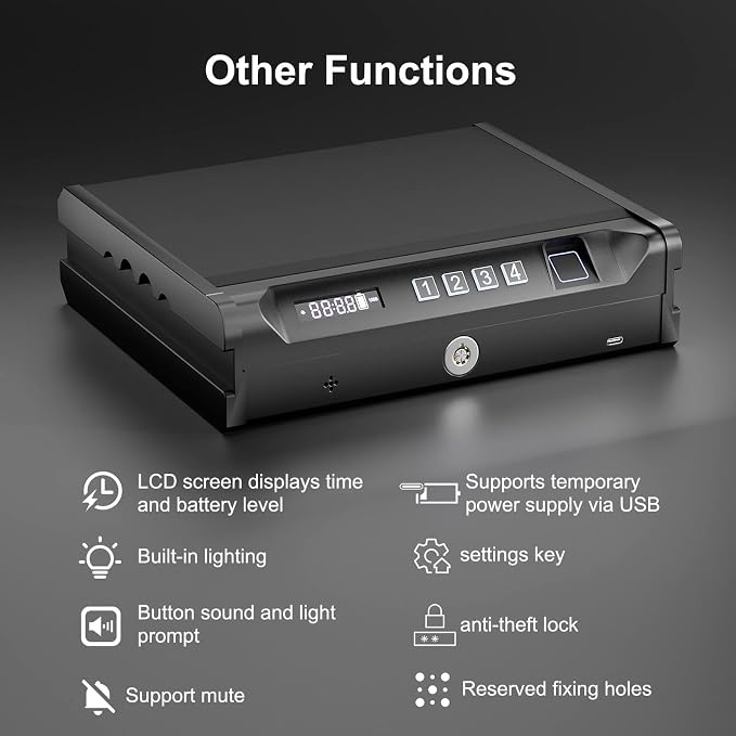 Biometric Quick Access Gun Safe for 2 Pistols,3 Ways Unlock Fingerprint Digital PIN Key,Portable Handgun Safe with LCD Screen, Lock Box for Bedroom Bedside Nightstand and Car,JuJuSafeWin - Image 4