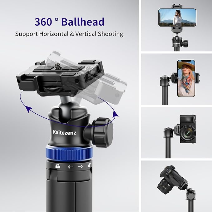 Kaitezenz Selfie Stick Tripod for Gopro Camera, 64" Extendable Stand with 360° Ball Head 1/4" Screw, Portable Lightweight Camera Tripod for GoPro Max Hero 11 10 9 8 7 6 5 DJI OSMO Action Phone - Image 6