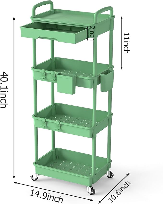 4 Tier Rolling Utility Cart with Drawer, Plastic Storage Organizer Rolling Carts with Wheels Handles Hanging Cups Hooks for Office, Bathroom, Kitchen,Craft Art Room (Green) - Image 2