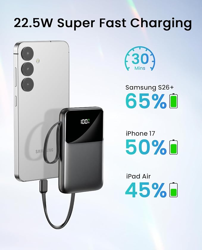 15000mAh Portable Charger Power Bank, Smaller Built-in 4 Cables, 22.5W | 50% More Capacity, 45% Smaller, Slim Travel Essential Battery Pack, 30-Min Fast Charge to 50% for iPhone/Samsung, Black - Image 5