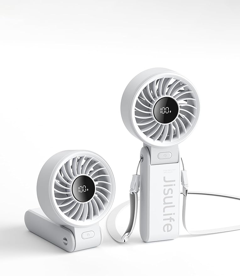 JISULIFE Portable Handheld Fan Life7: 3-in-1 Hand, Desk & Neck Fan-Gery | 19.5H Max Cooling, 5-Speed, LED Display, 5000mAh Rechargeable,USB Foldable Fan for Travel/Concerts/Cruise/Sports Events/Gifts by LivechillStaycool