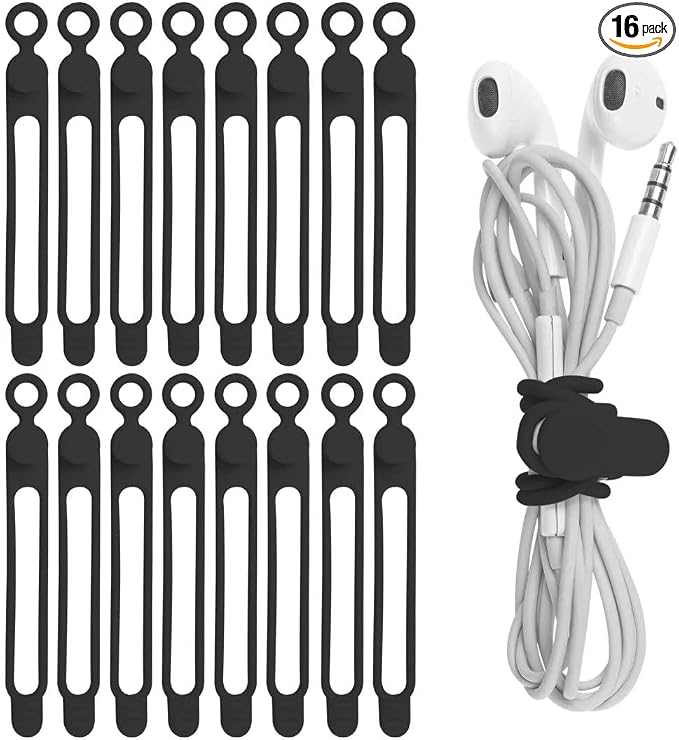 Silicone Cable Ties, Cord Organizer Cable Management(16Pcs-Black) | Reusable Cord Ties for Electronics, Office Desk Accessories, Home Travel Essentials, Easy to Use, 4.2 Inch by ELECTRONICSORGANIZATION