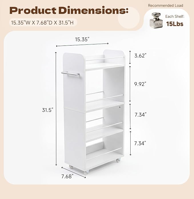 Slim Rolling Storage Cart,4 Tier White Rolling Utility Cart Slide Out Rack | Narrow Spice Rack Organizer Trolley for Kitchen Bathroom Larundry Small Corner 7.7inch wide - Image 3
