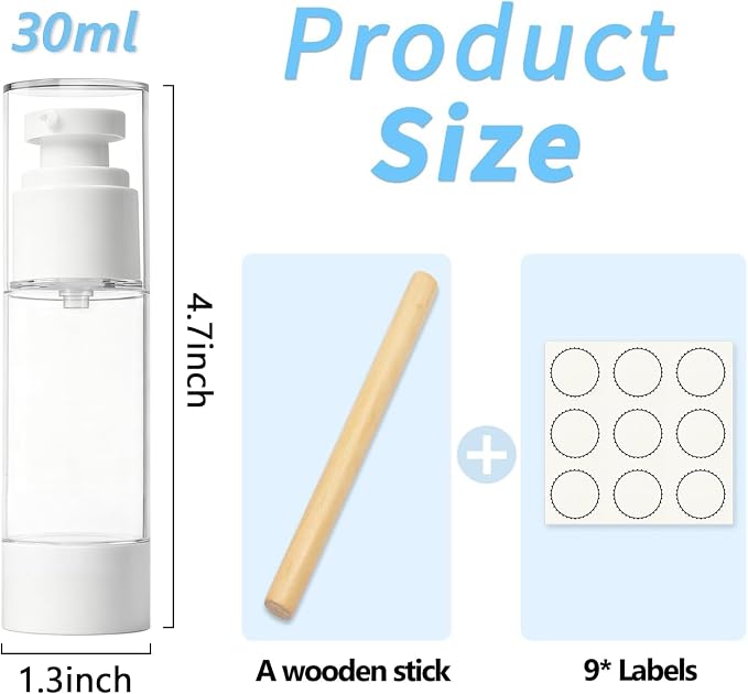 Clear Airless Pump Bottles, Vacuum Travel Cosmetic Containers | 1OZ/30ML 6Pack Lotion Dispenser Pump Bottles; For Cream, Foundation & Skincare Cosmetics; With Labels & Wooden Sticks - Image 2