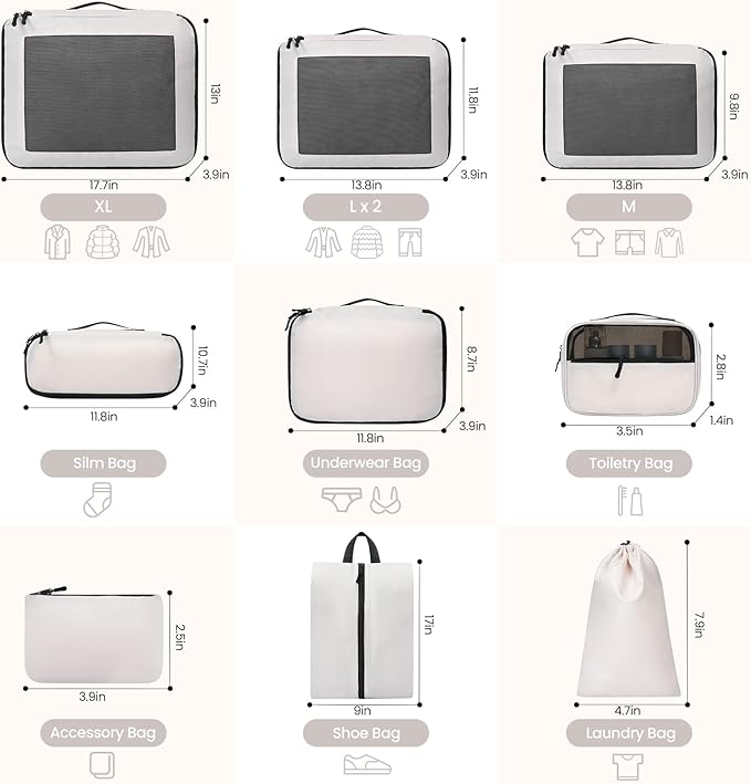 Mesh Packing Cubes for Travel, Durable Luggage Organizer with Sturdy Material and Double Zippers, Comprehensive Set for Travel Accessories Storage, 10 set, cream - Image 2