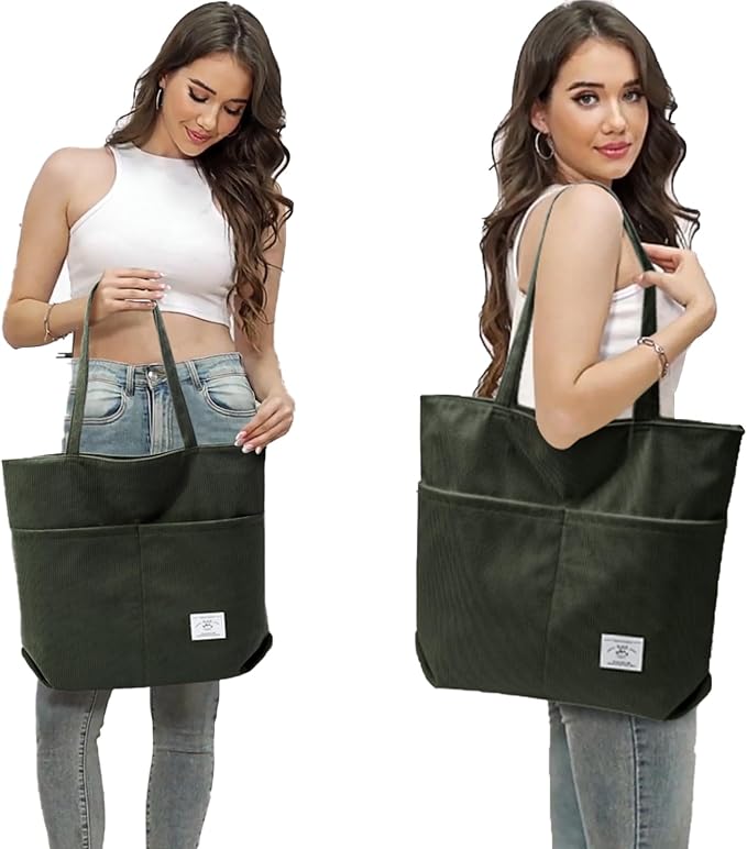KALIDI Women Corduroy Tote Bag Zipper Casual Tote's Handbag Big Capacity Shoulder Bag with Pockets - Image 4