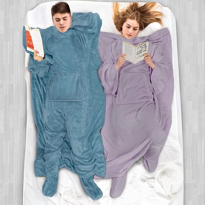 PAVILIA Fleece Blanket with Sleeves, Foot Pockets for Women Men Adults, Plush Wearable Blanket Throw Wrap, Warm Snuggle Blanket Robe, Cozy Gift Ideas Wife Mom, Dusty Blue - Image 5
