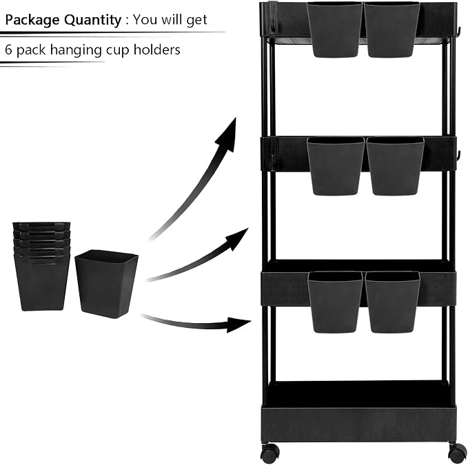 6 Pack Hanging Cup Holder for Rolling cart Accessories Hooks Little Hanging Buckets Hanging Storage Bins Craft Supplies for Rolling Utility Cart Slim Storage Cart (Black) - Image 5