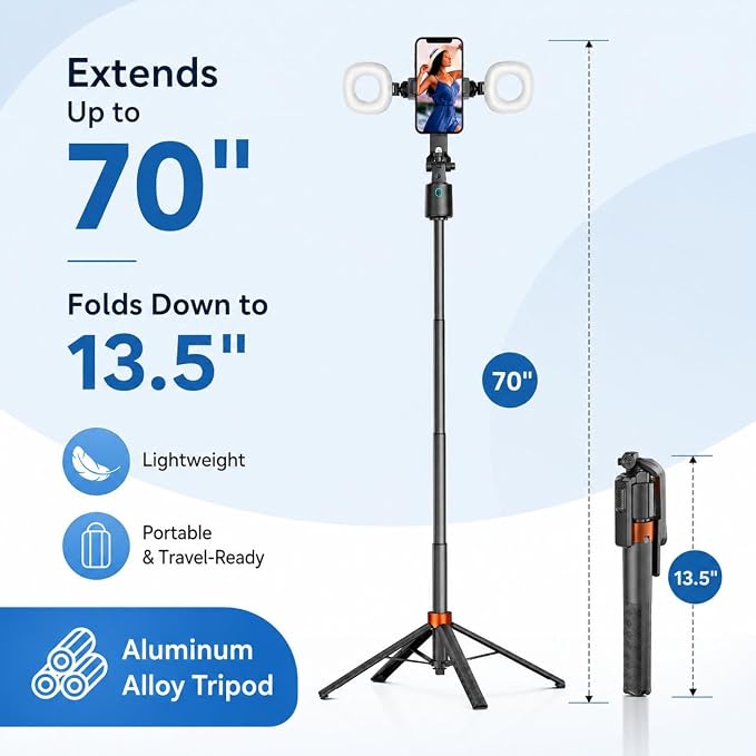70" Auto Face Tracking Tripod with Light, 360° Smart Phone Stand with Remote, Selfie Stick for iPhone Android, No App Needed, Video Recording Vlogging Live Streaming - Image 4