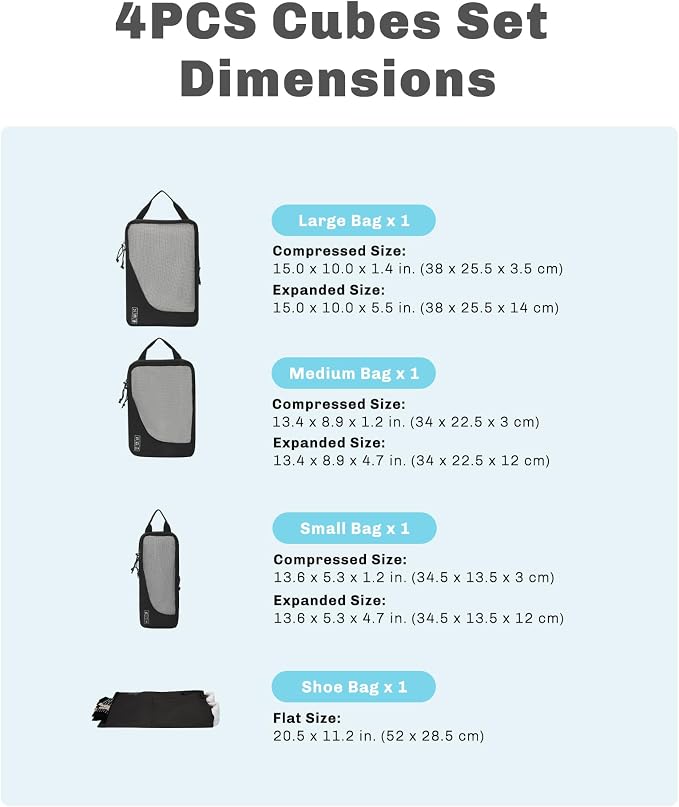 6 Set/ 4 Set/ 2 Set Compression Packing Cubes Travel Essentials Lightweight Nylon Luggage Suitcase Organizer Bag Black 4PCS - Image 2