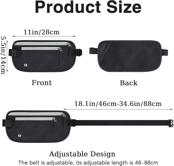 FuninCrea Waterproof Hidden Money Belt for Travel, Anti-Theft Belt Bag with RFID Blocking Function Adjustable Slim Waist Bag with 2 Zipper Pockets & 1 Back Pocket for Travel Running (B, Black & Grey) - Image 2