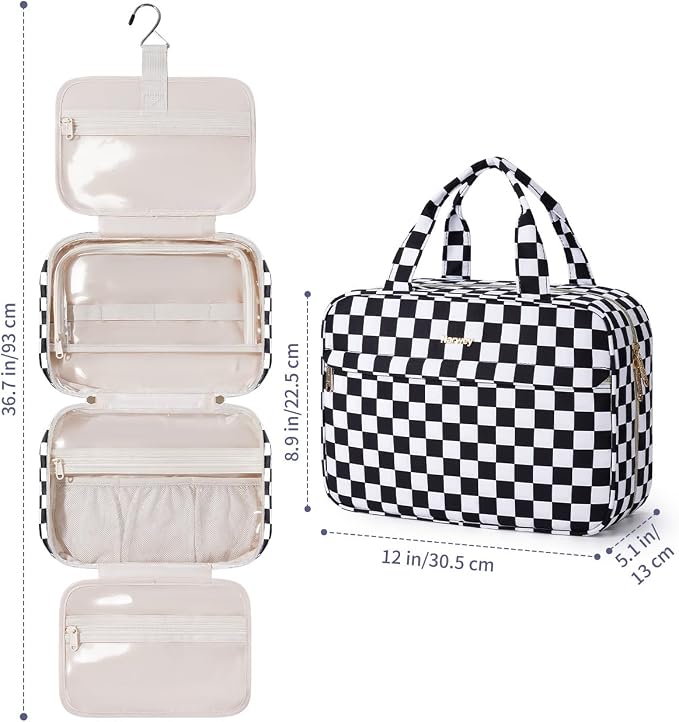 Narwey Hanging Travel Toiletry Bag for Women Checkered Makeup Bag Organizer Cosmetic Make up Toiletries Bag for Travel Essentials Accessories (Black Checkerboard, Large) - Image 7