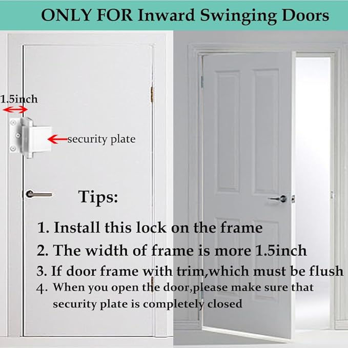 Home Security Door Lock,2 Pack Child Proof Door Reinforcement Lock with Upgraded Stainless Steel Screws for Inward Swinging Door,Privacy Door Latch Defend Home and Hotels - Image 2