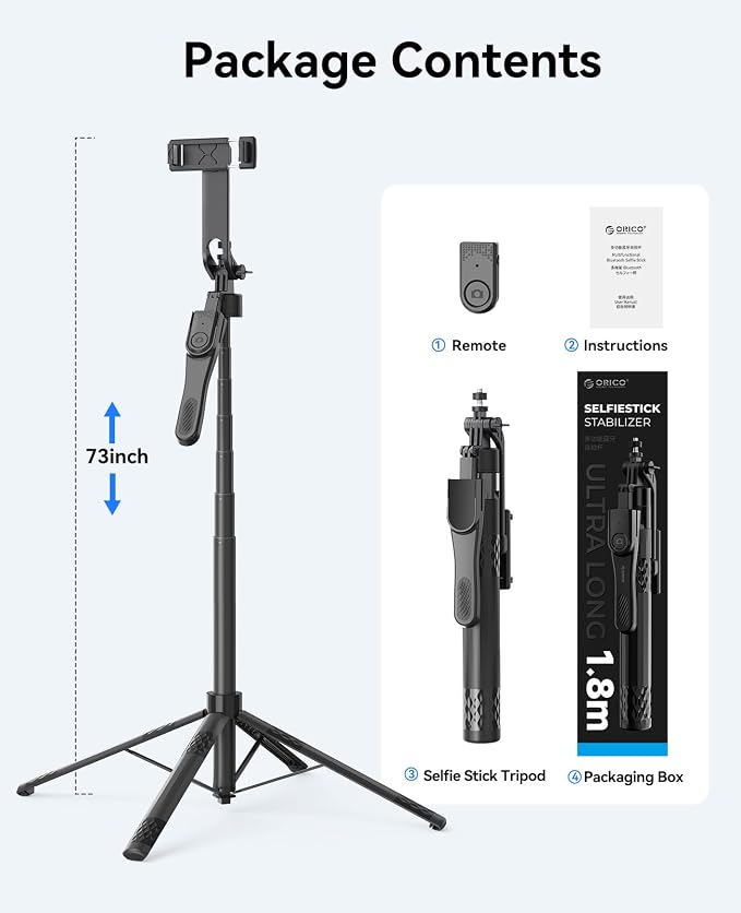 ORICO 73" Aluminum iPhone Tripod for Video Recording, Portable Tripod & Selfie Stick, 4-Leg Base, 360° Rotatable Handle, Wireless Remote, Extendable Stand for iPhone/Android/Camera/GoPro - SPN185 - Image 8
