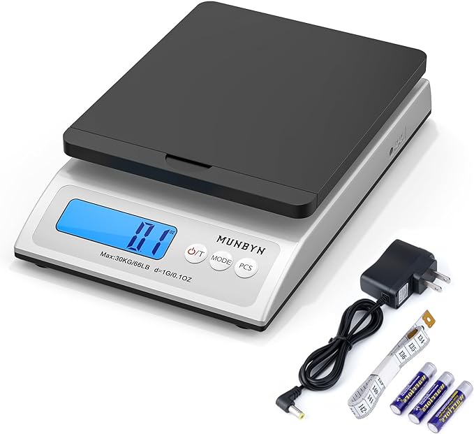 MUNBYN Shipping Scale, 66lb/0.1oz Accurate Digital Postal Scale Black | Hold & Tare & PCS, Dual Power AC or Battery, Backlit LCD, Package Weight Scale, Kitchen & Food Use by MUNBYN