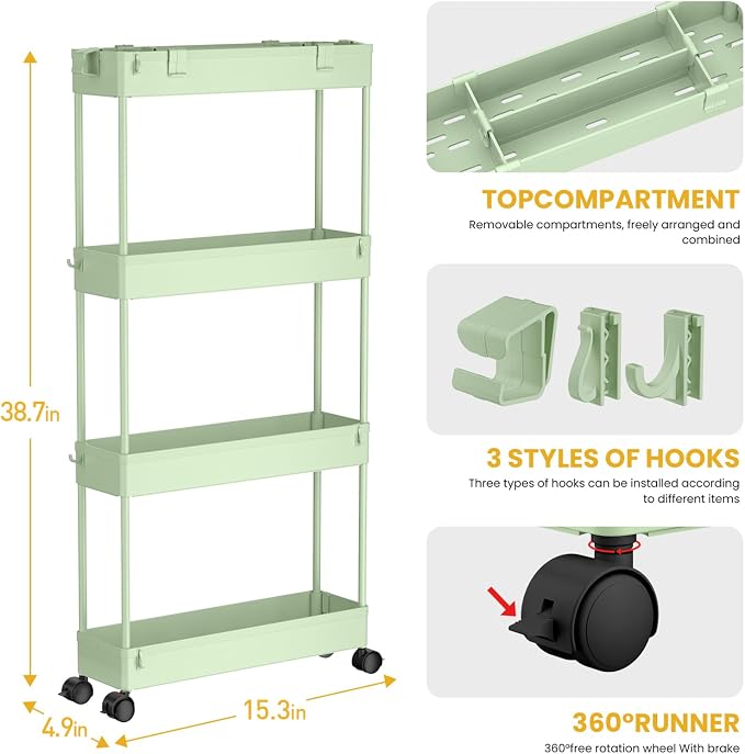 Slim Storage Cart 4 Tier,Bathroom Organizer Rolling Utility,Mobile Shelving Unit Slide Out for Office, Kitchen, Laundry Room & Narrow Places，Green - Image 3