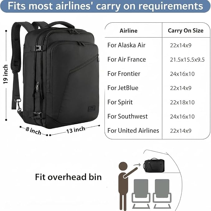 MATEIN Carry on Backpack, Extra Large Expandable Travel Backpack for Men | Airplane Approved, Weekender Bag for Women, mochila de viaje, Water Resistant, Lightweight Daypack for Flight, 40L, Black - Image 2
