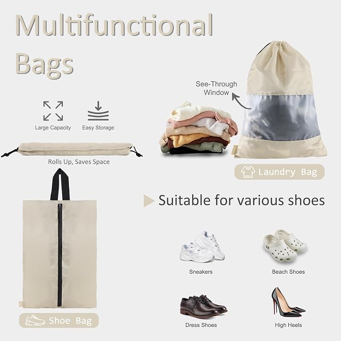 U+U 5 Set Packing Cubes, Travel Organizers with Shoe Bag (Cream) | Ultralight Design & Easy Travel Organization - Image 4