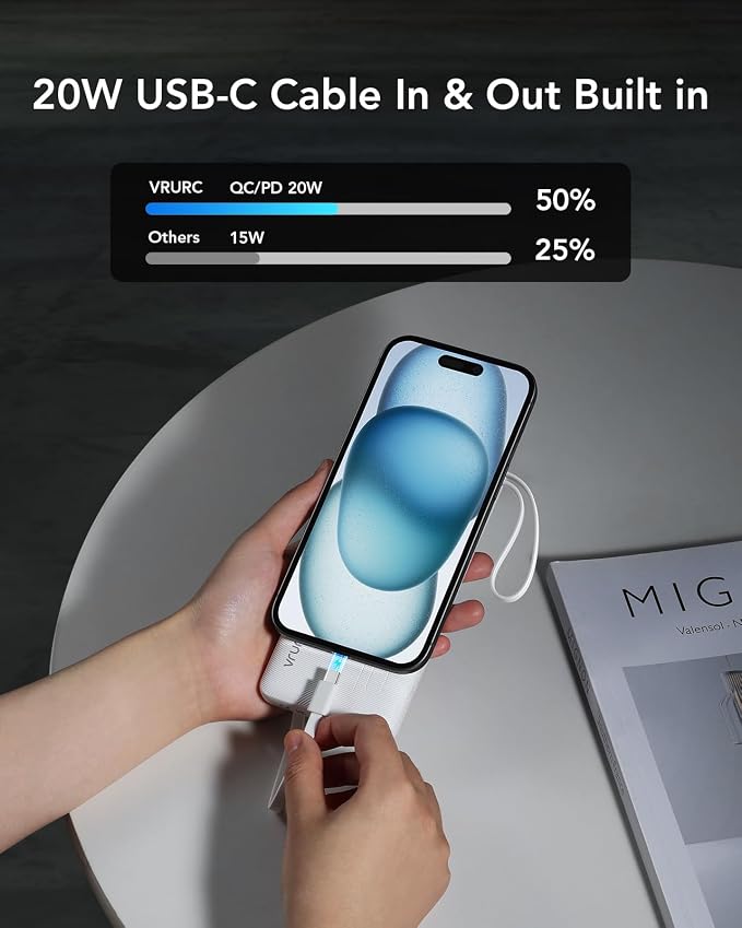 VRURC Power Bank for iPhone, 22.5W Portable Charger with Built-in Cables | 10000mAh USB C In & Out Cord Portable Phone Charger,Slim Lightweight Charging Bank Travel Essentail-White(1 Pack) - Image 4