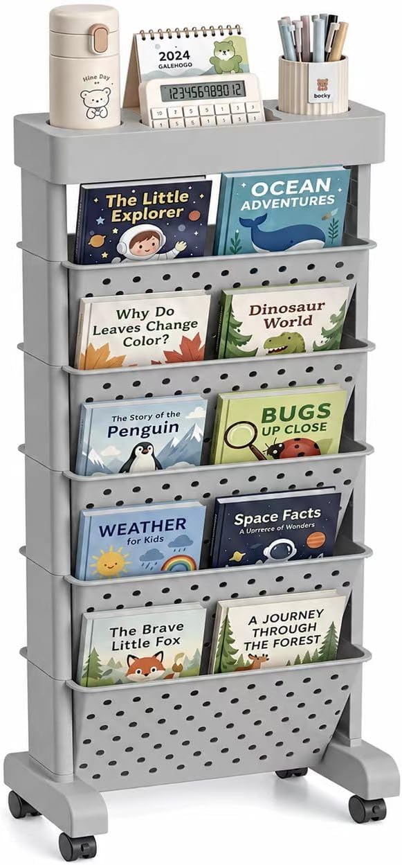 BYFU 6-Tier Rolling Bookshelf Cart, Grey | Movable with Wheels, File Paper Storage Organizer, For Home Office Study Classroom by BYFU-livingasimplelife