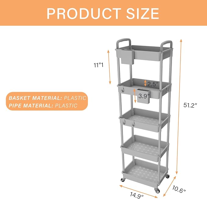 5 Tier Rolling Utility Cart with Handle,REBECAT Utility Cart Made of Multifunctional Storage Organizer Tool for Kitchen,Bathroom,Living Room,Office(Gray) - Image 3