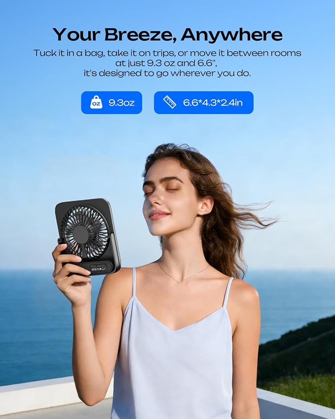 Otlonpe Personal Portable Desk Fan 2 Pack, 4000mAh Small Rechargeable Portable Fan Battery Operated & USB Powered for Travel Sleeping Bedroom Office Home Table, Cordless, Quiet, 4-Speed, 6.5 Inch - Image 8
