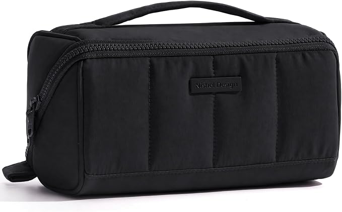 NISHEL Travel Makeup Bag Organizer Pouch Open Flat Cosmetic Case Brush Slot | Open-flat design keeps cosmetics, brushes, and beauty tools organized for travel and daily routines, Medium, Black by NISHEL