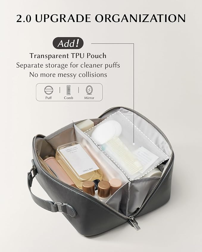 EACHY Travel Makeup Bag for Women, Provence Cosmetic Bag, Grey, Medium | Provence-style organizer with TPU brush holder, extra pockets and wipe-clean exterior for makeup and travel essentials - Image 3