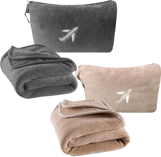 BlueHills Premium Soft Mini Plush Travel Blanket Value Pack Set of 2 - Airplane Travel Essential Flight Blanket Throw in a case with Strap Compact for Car Plane Travel Gift – Gray and Beige. by BlueHills