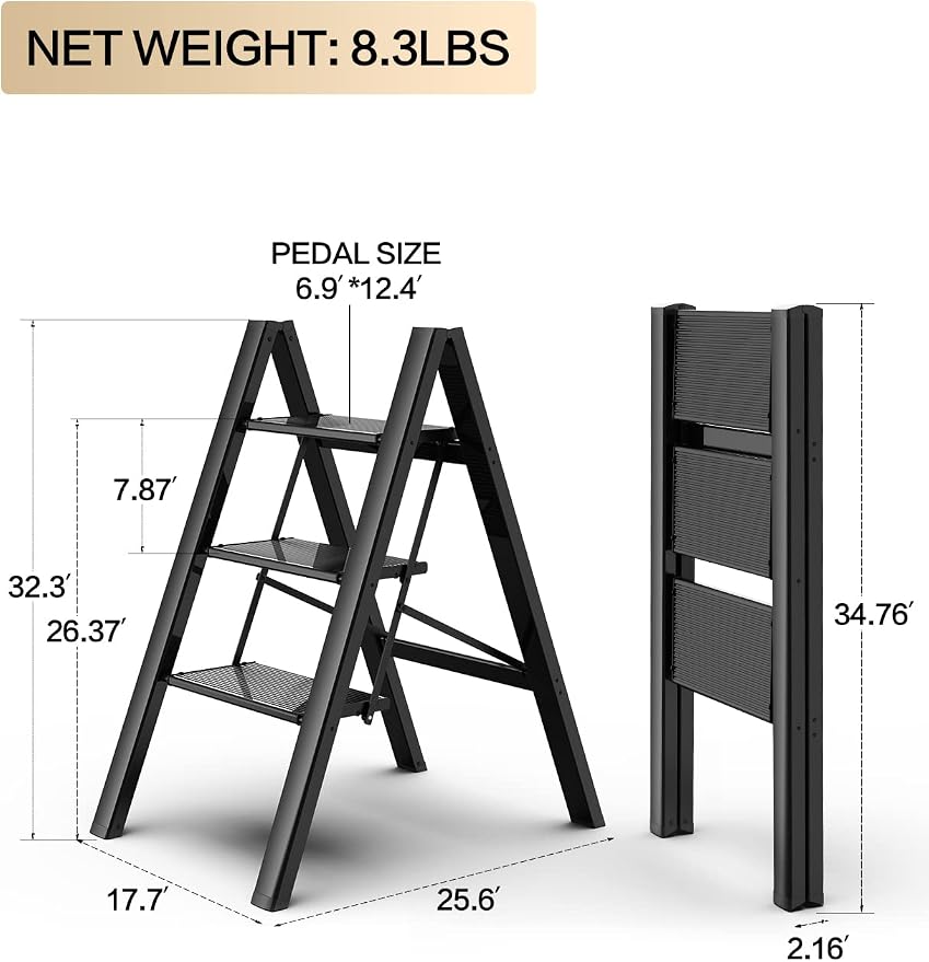 3 Step Ladder, Folding Step Stool with Anti-Slip Wide Pedal | Lightweight, Aluminum Material, 330LBS Load, Portable, Easy Storage, Space Saving, for Kitchen, Bedroom Use, Black - Image 4