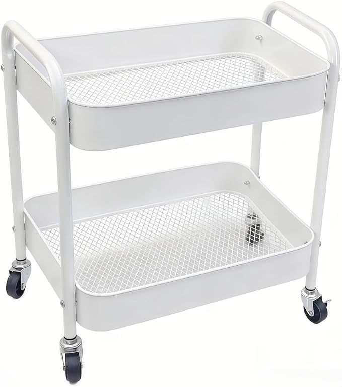 Under Desk Storage Cart 2 Tier Utility Rolling Cart with Wheels, Small Metal Mobile Trolley with Handle Two Tiered Utility Organizer Roller for Kitchen Office Bathroom Pantry Room, White by Ufriandz